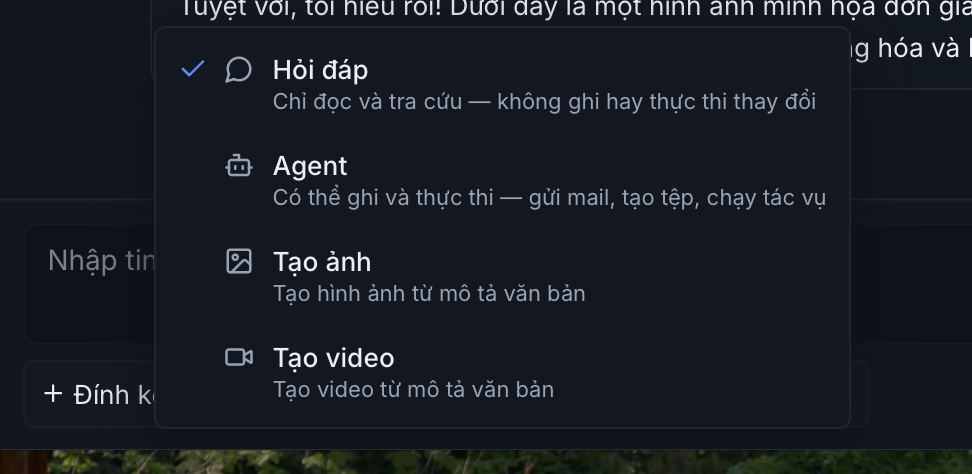 Chế độ agent — AI tự dùng công cụ và làm nhiều bước